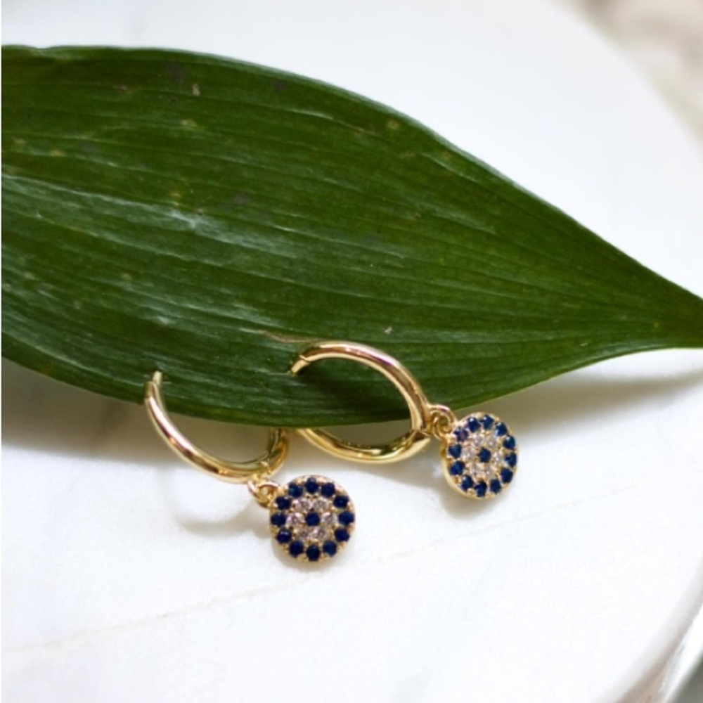 925 sterling Silver Evil Eye Dazzling Blue and Gold Crystal Earrings - Picture 5 of 8